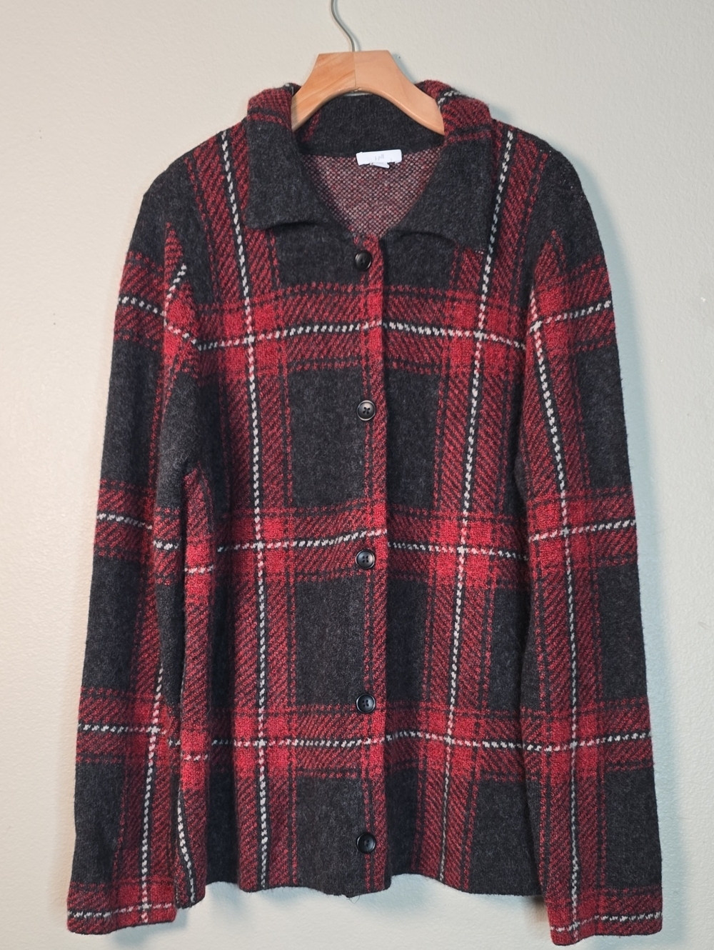 J. Jill Red and Charcoal Plaid Button-Front wool Blend Sweater Jacket Size Mtall